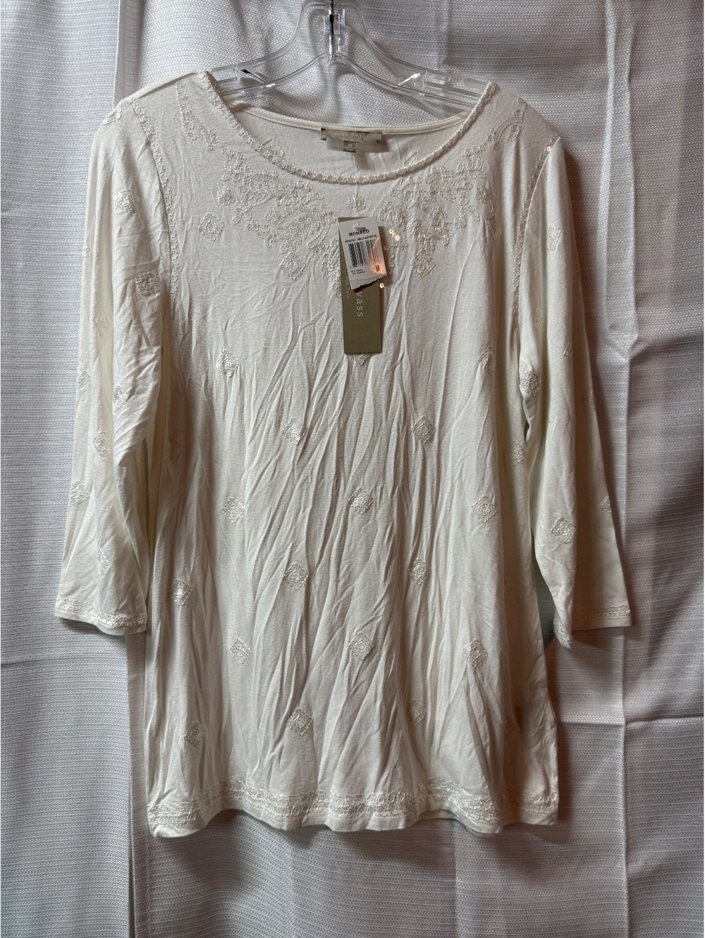 Joan Vass Women's Brilliant White Embroidered Rayon Blend Top Size M
